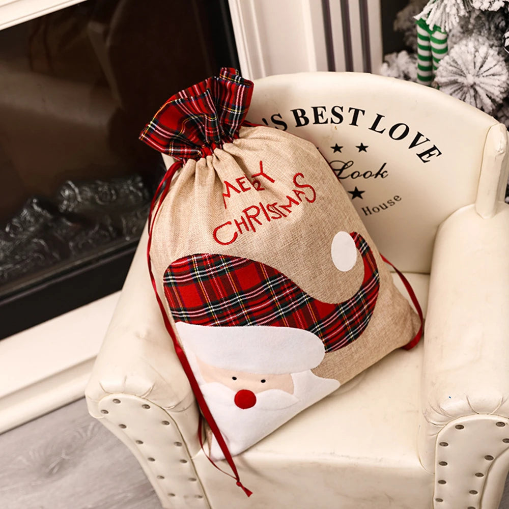 Large Christmas Gift Bag Drawstring Luxury Linen Packing Bag Elf Merry Christmas Accessories Xmas Decorations Goods