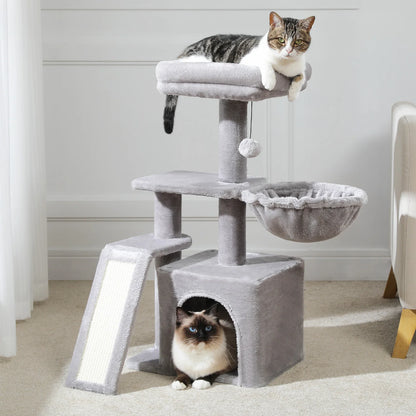 Árvore para gatos torre para gatos internos 2 estilos árvore de atividades para gatos com postes para arranhar gatos rede grande e poleiro superior removível cinza