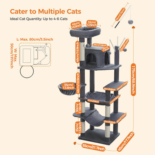Árvore de gato de vários níveis com postes de arranhões, condomínio de gato, rede grande, torre de gato grande moderna para gatos internos, acessórios para gatos