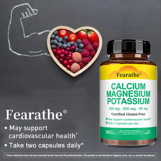 Calcium 500mg + Magnesium 500mg + Potassium 250mg Supplement,Support Bone,Heart,Sleep and Muscle Health,120 Capsules