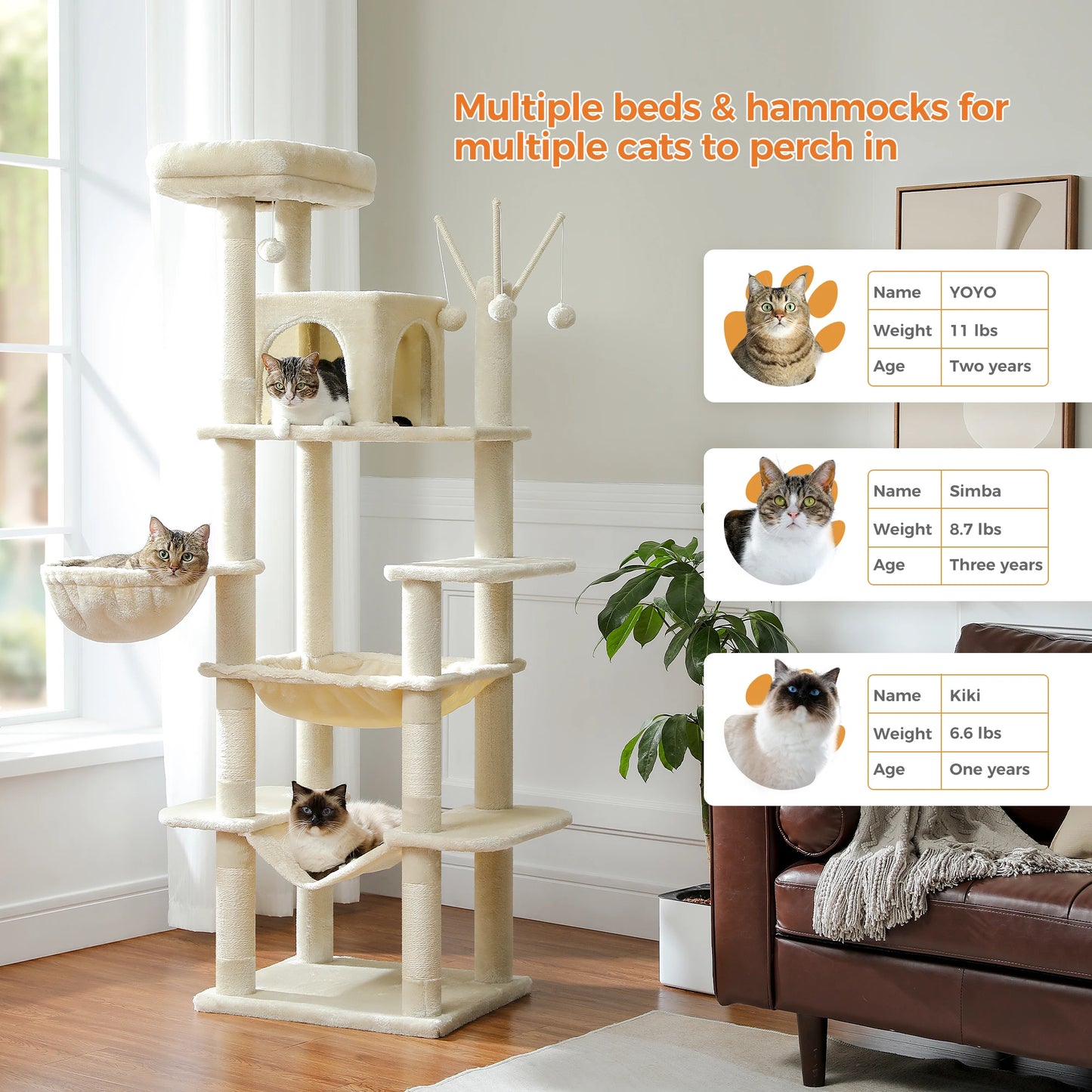 Árvore de gato de vários níveis com postes de arranhões, condomínio de gato, rede grande, torre de gato grande moderna para gatos internos, acessórios para gatos