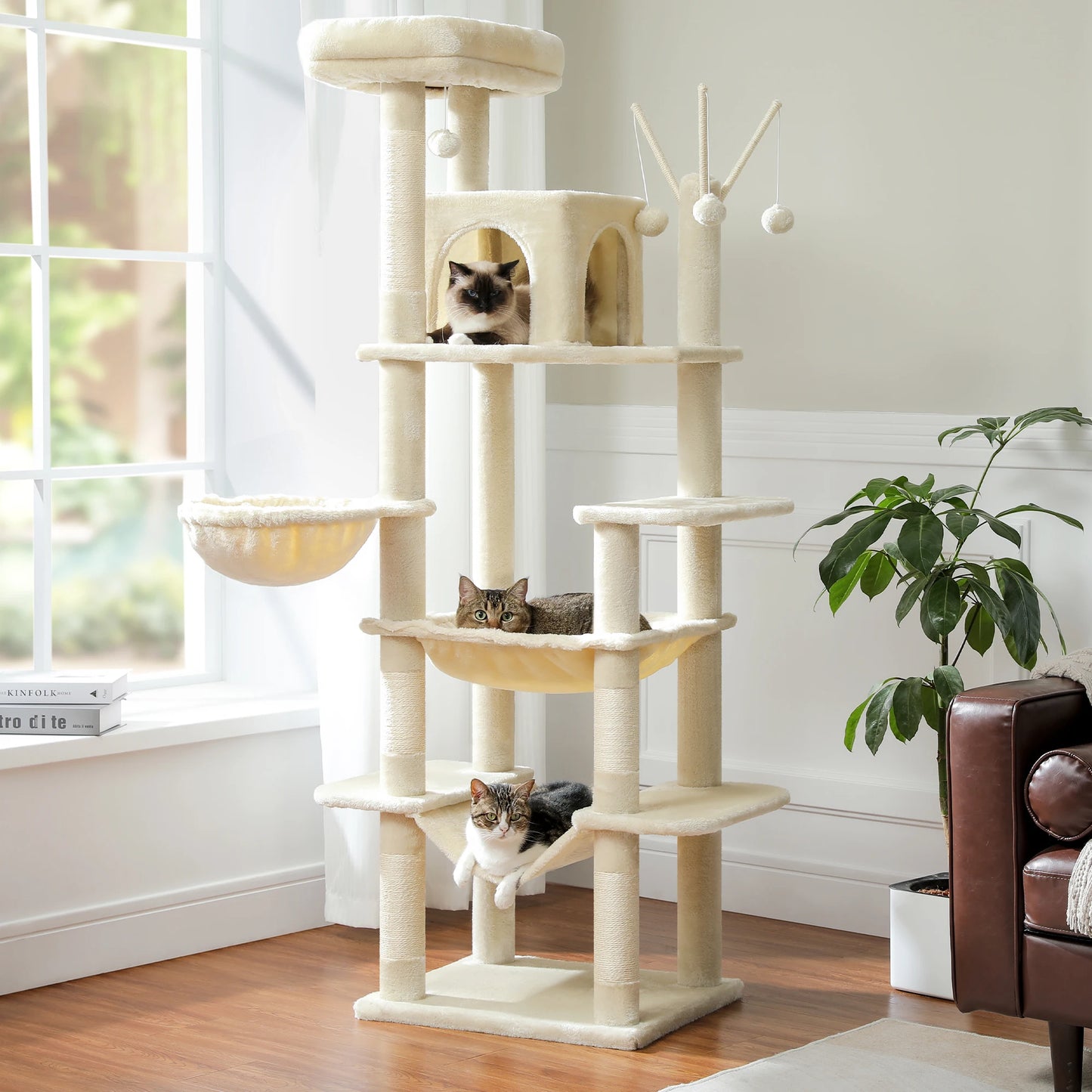 Árvore de gato de vários níveis com postes de arranhões, condomínio de gato, rede grande, torre de gato grande moderna para gatos internos, acessórios para gatos