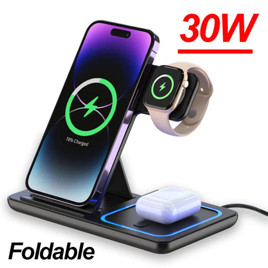 Estação de carregamento sem fio dobrável 3 em 1 30W para iPhone 16 15 14 13 12 Pro Max iWatch Ultra Airpods Pro Carregador rápido Dock