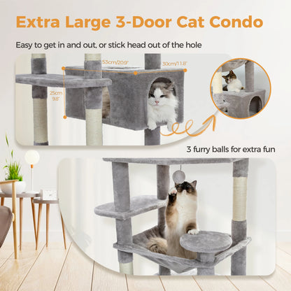Árvore e torre grande para gatos de 184 cm para gatos internos – com postes de arranhões revestidos de sisal, poleiros acolchoados, condomínios e cesta