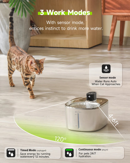 Wireless Cat Water Fountain Stainless Steel 135floz/4L Battery Operated Automatic Cordless Cat Water Dispenser Pet Fountain