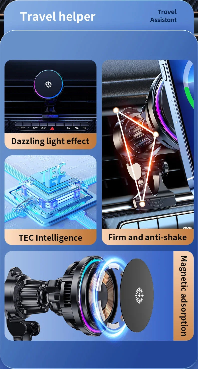 Ice Cooling magnético carregador de carro sem fio, estação de carregamento rápido, suporte do telefone magnético, suporte para iPhone 15, 14, 13, 12 Pro Max, 15W