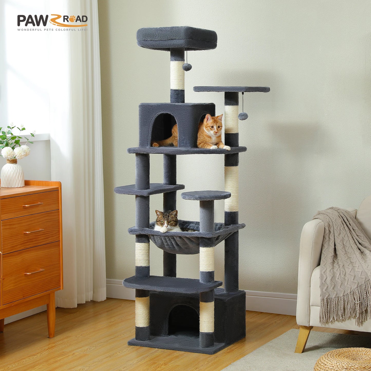 Árvore alta para gatos com postes para arranhar, redes espaçosas, condomínios grandes, torre grande para gatos internos, acessórios de brinquedos para gatos