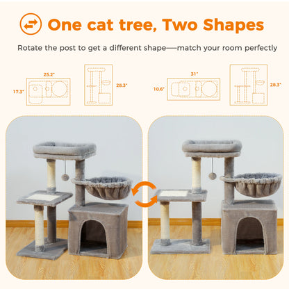 Árvore para gatos torre para gatos internos 2 estilos árvore de atividades para gatos com postes para arranhar gatos rede grande e poleiro superior removível cinza