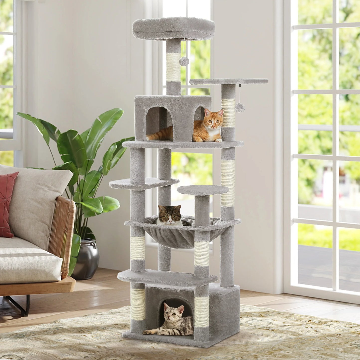 Árvore alta para gatos com postes para arranhar, redes espaçosas, condomínios grandes, torre grande para gatos internos, acessórios de brinquedos para gatos
