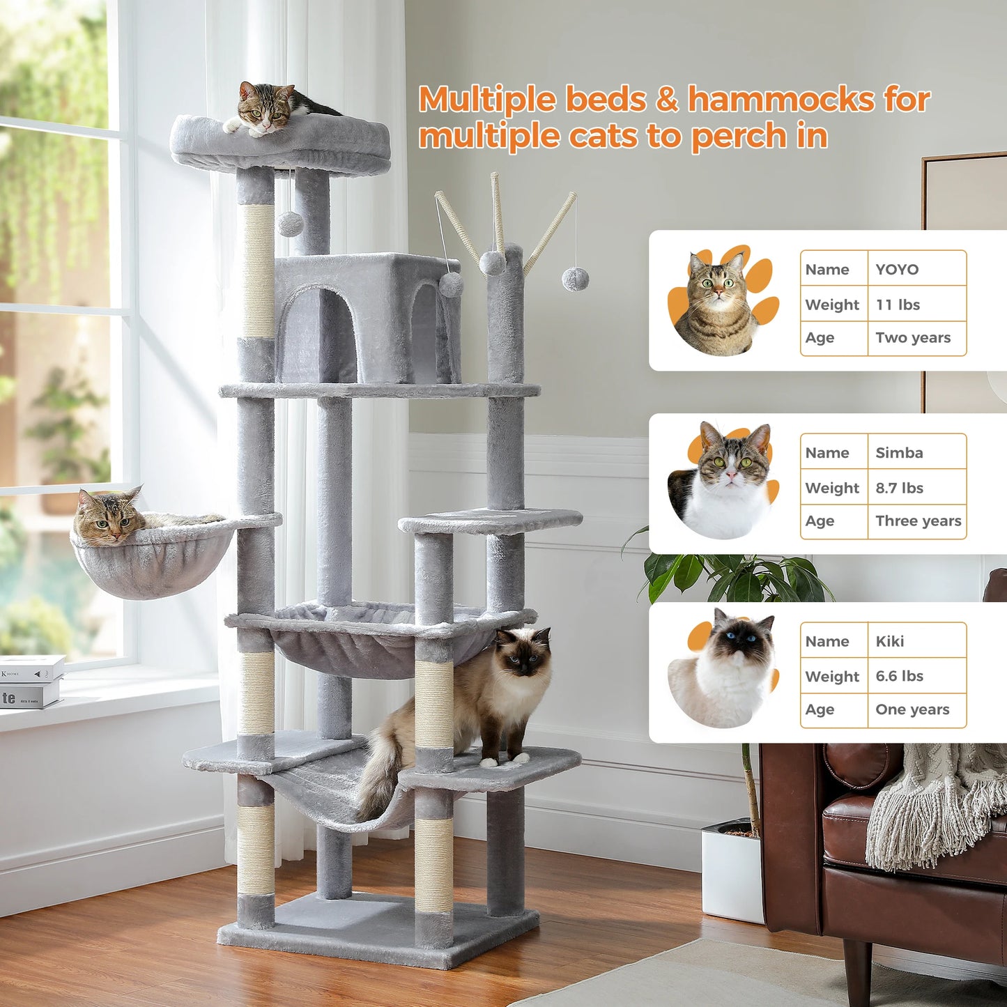 Árvore de gato de vários níveis com postes de arranhões, condomínio de gato, rede grande, torre de gato grande moderna para gatos internos, acessórios para gatos