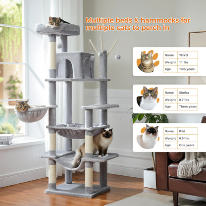 Árvore de gato de vários níveis com postes de arranhões, condomínio de gato, rede grande, torre de gato grande moderna para gatos internos, acessórios para gatos