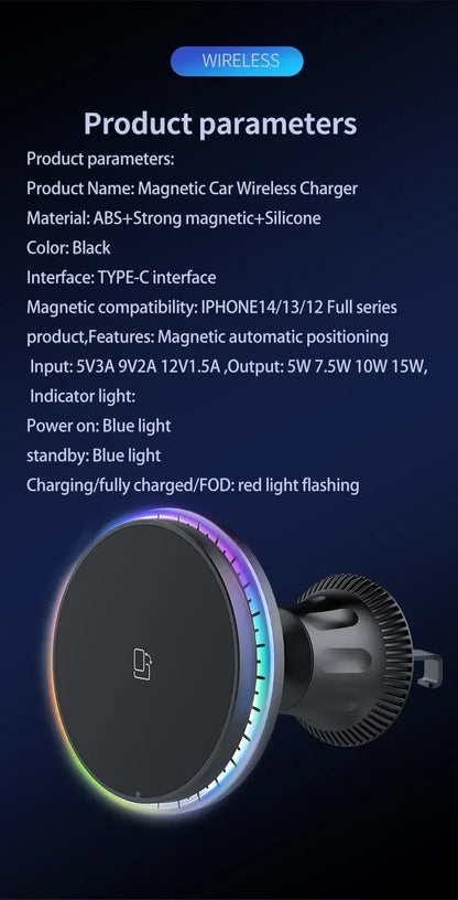 30w carregador magnético sem fio do carro rgb para iphone 12 13 14 15 pro max macsafe suporte do telefone do carro montagem estação de carregamento rápido