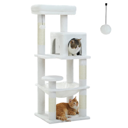 Árvore de gato para gatos internos, torre de gato de 5 níveis para gatos grandes com estrutura de metal grande rede condomínio de gato com poleiro superior grande