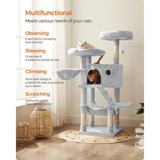 Feandrea Cat Tree, Cat Tower for Large Cats, Ultra-Soft, White-Grey