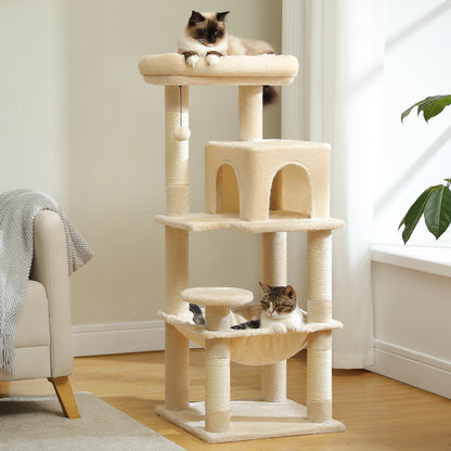 Árvore de gato para gatos internos, torre de gato de 5 níveis para gatos grandes com estrutura de metal grande rede condomínio de gato com poleiro superior grande
