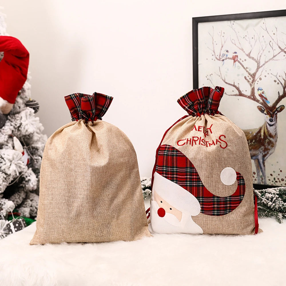 Large Christmas Gift Bag Drawstring Luxury Linen Packing Bag Elf Merry Christmas Accessories Xmas Decorations Goods