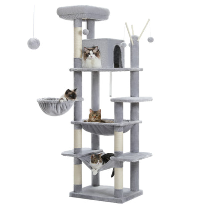 Árvore de gato de vários níveis com postes de arranhões, condomínio de gato, rede grande, torre de gato grande moderna para gatos internos, acessórios para gatos