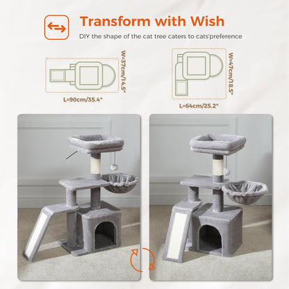 Árvore para gatos torre para gatos internos 2 estilos árvore de atividades para gatos com postes para arranhar gatos rede grande e poleiro superior removível cinza