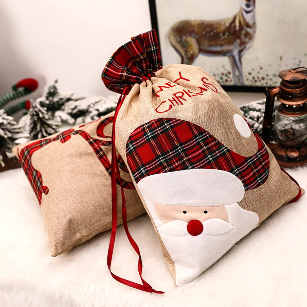 Large Christmas Gift Bag Drawstring Luxury Linen Packing Bag Elf Merry Christmas Accessories Xmas Decorations Goods
