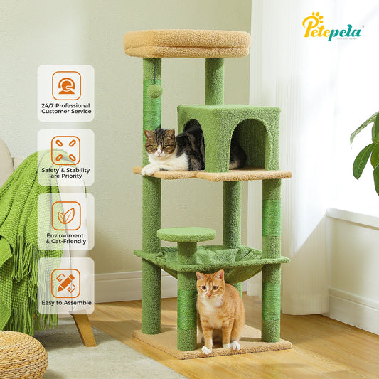 Árvore de gato para gatos internos, torre de gato de 5 níveis para gatos grandes com estrutura de metal grande rede condomínio de gato com poleiro superior grande