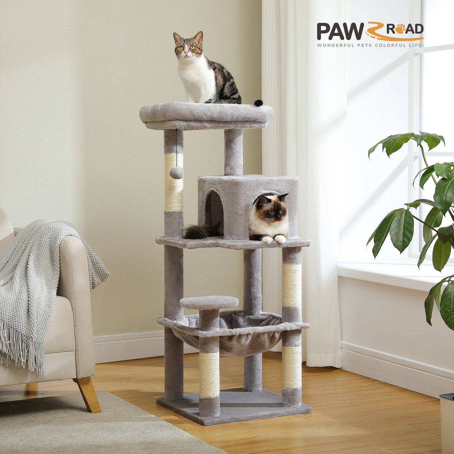 Árvore de gato para gatos internos, torre de gato de 5 níveis para gatos grandes com estrutura de metal grande rede condomínio de gato com poleiro superior grande