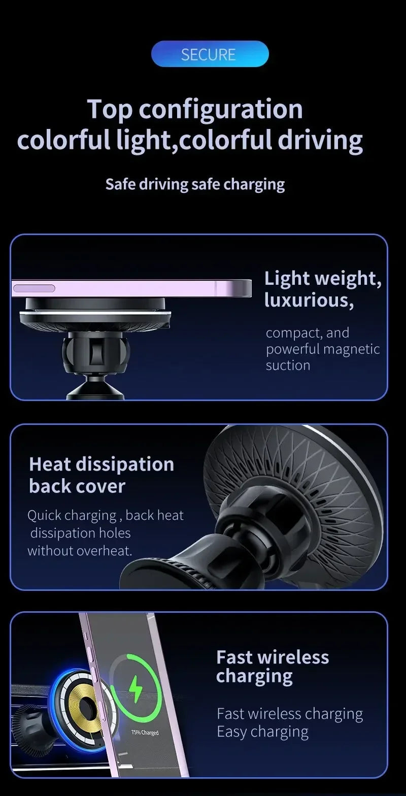 30w carregador magnético sem fio do carro rgb para iphone 12 13 14 15 pro max macsafe suporte do telefone do carro montagem estação de carregamento rápido