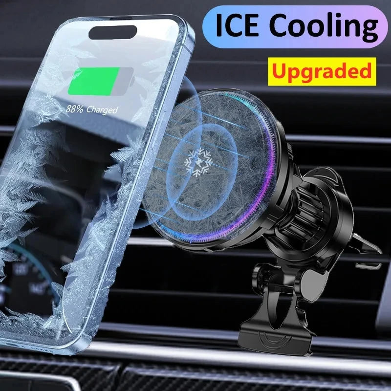 Ice Cooling magnético carregador de carro sem fio, estação de carregamento rápido, suporte do telefone magnético, suporte para iPhone 15, 14, 13, 12 Pro Max, 15W