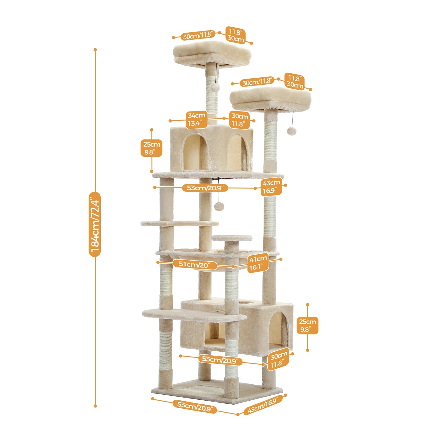 Árvore e torre grande para gatos de 184 cm para gatos internos – com postes de arranhões revestidos de sisal, poleiros acolchoados, condomínios e cesta