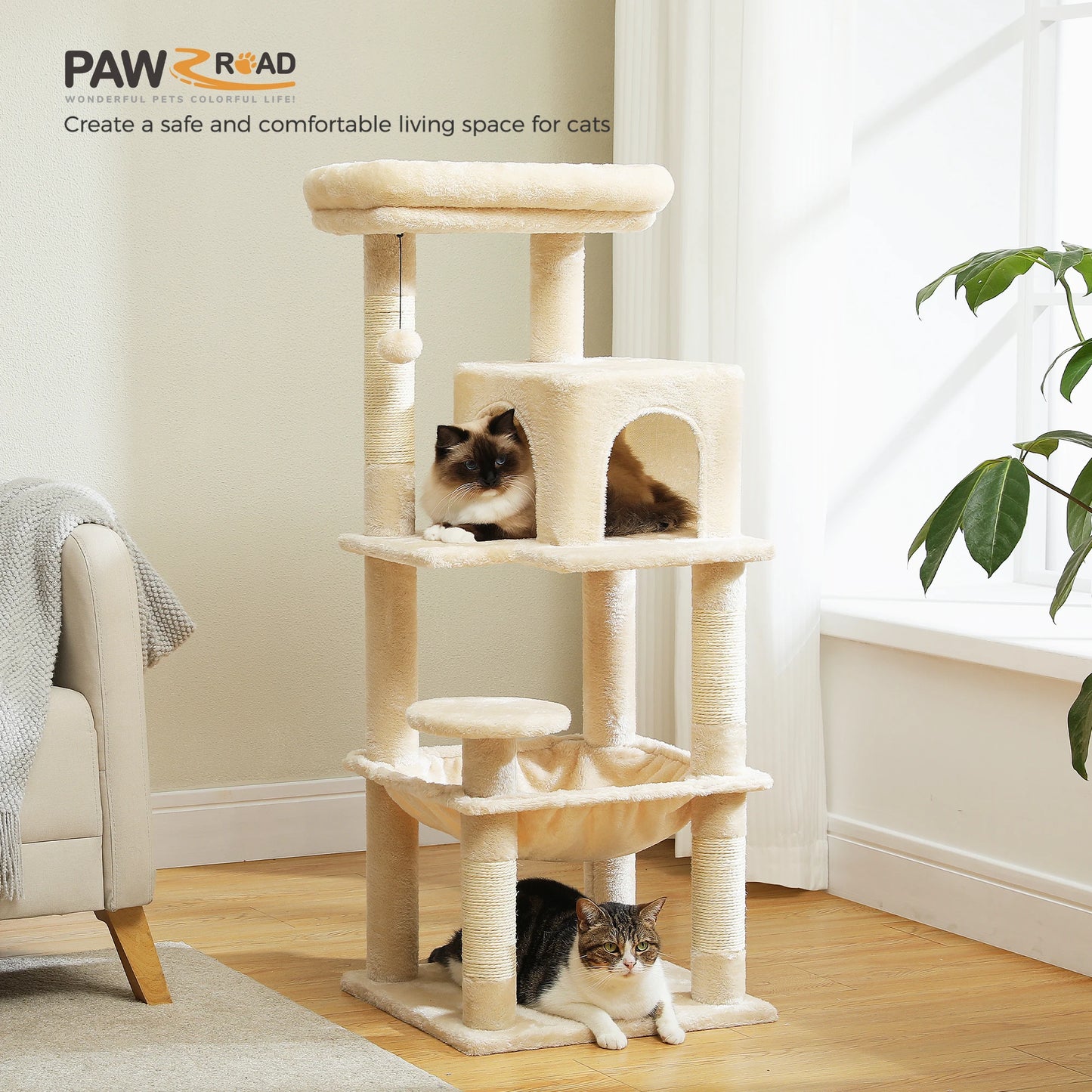 Árvore de gato para gatos internos, torre de gato de 5 níveis para gatos grandes com estrutura de metal grande rede condomínio de gato com poleiro superior grande