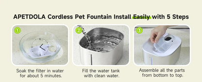 Wireless Cat Water Fountain Stainless Steel 135floz/4L Battery Operated Automatic Cordless Cat Water Dispenser Pet Fountain
