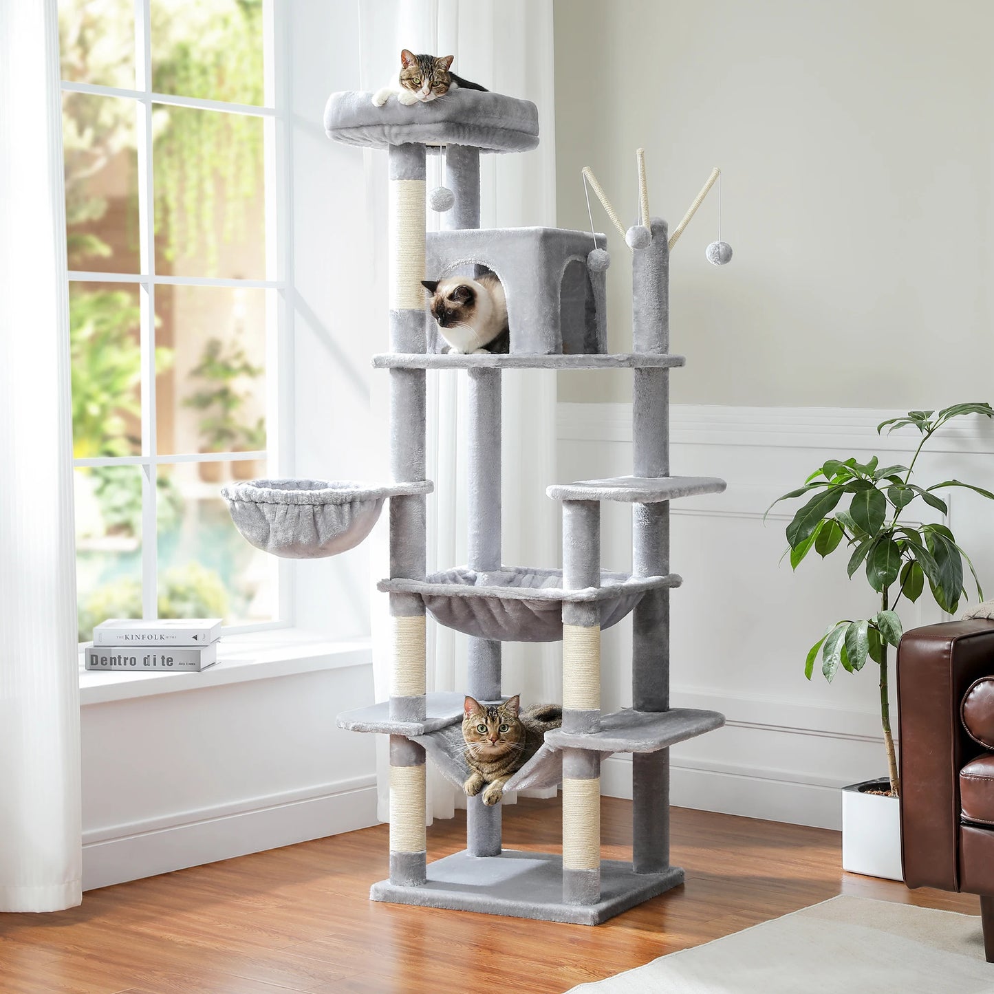 Árvore de gato de vários níveis com postes de arranhões, condomínio de gato, rede grande, torre de gato grande moderna para gatos internos, acessórios para gatos