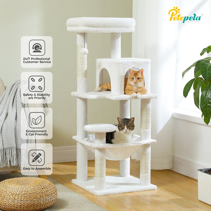 Árvore de gato para gatos internos, torre de gato de 5 níveis para gatos grandes com estrutura de metal grande rede condomínio de gato com poleiro superior grande