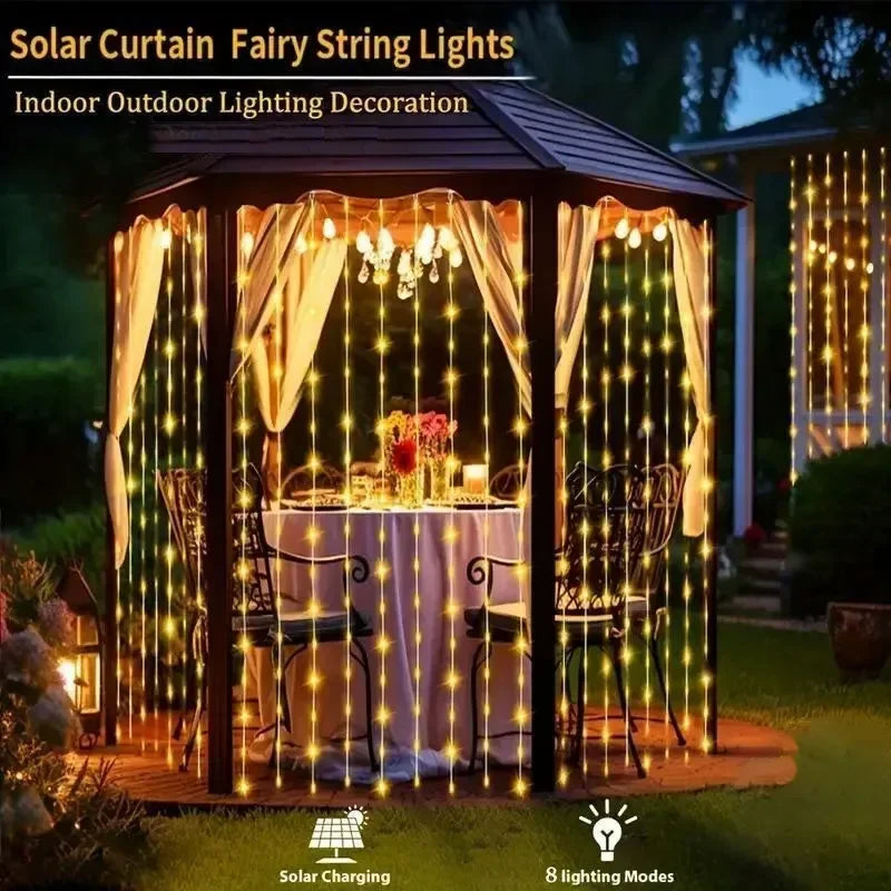 Outdoor Solar Curtain String Lights Garden Home Christmas Decoration 2025 Summer Wedding Party Decor Festoon Fairy Garland Lamp