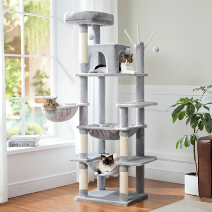 Árvore de gato de vários níveis com postes de arranhões, condomínio de gato, rede grande, torre de gato grande moderna para gatos internos, acessórios para gatos