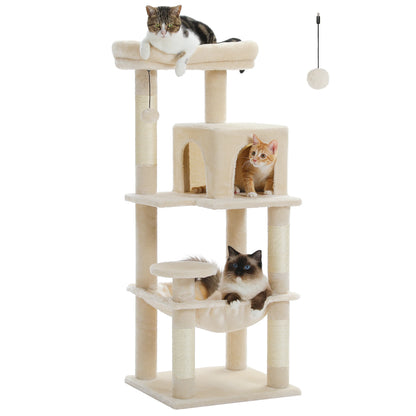 Árvore de gato para gatos internos, torre de gato de 5 níveis para gatos grandes com estrutura de metal grande rede condomínio de gato com poleiro superior grande