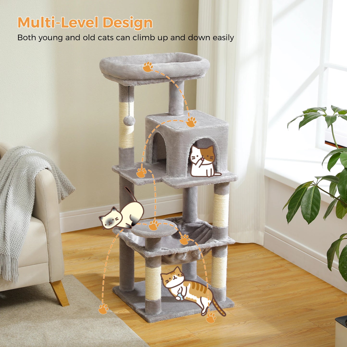 Árvore de gato para gatos internos, torre de gato de 5 níveis para gatos grandes com estrutura de metal grande rede condomínio de gato com poleiro superior grande