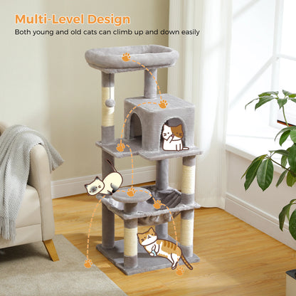 Árvore de gato para gatos internos, torre de gato de 5 níveis para gatos grandes com estrutura de metal grande rede condomínio de gato com poleiro superior grande