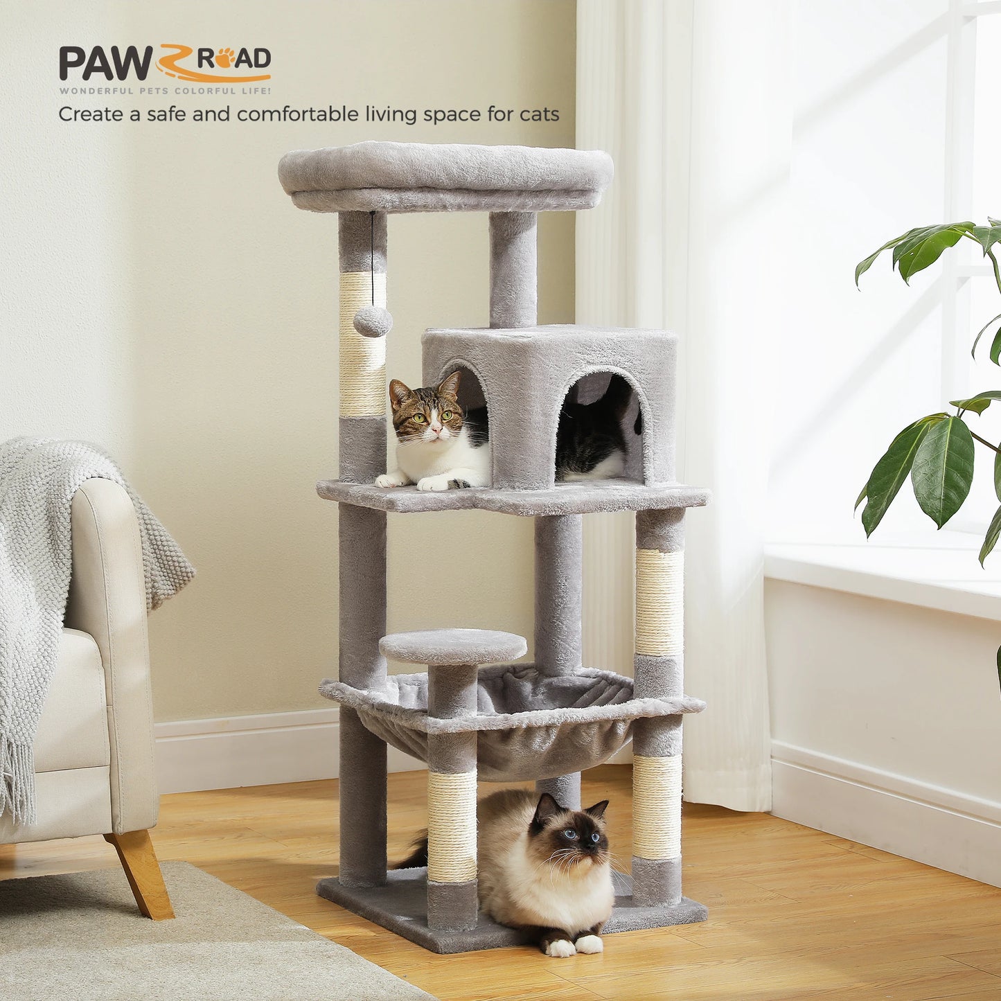 Árvore de gato para gatos internos, torre de gato de 5 níveis para gatos grandes com estrutura de metal grande rede condomínio de gato com poleiro superior grande