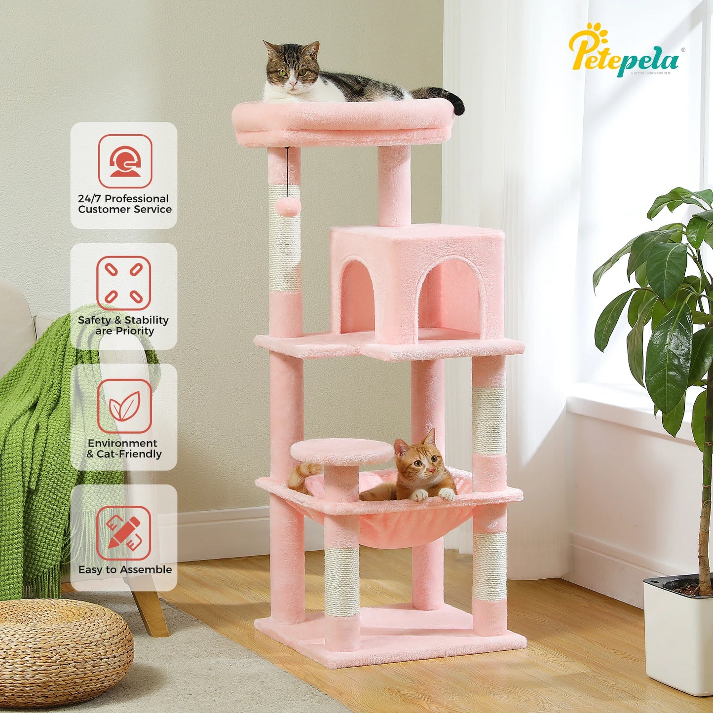 Árvore de gato para gatos internos, torre de gato de 5 níveis para gatos grandes com estrutura de metal grande rede condomínio de gato com poleiro superior grande