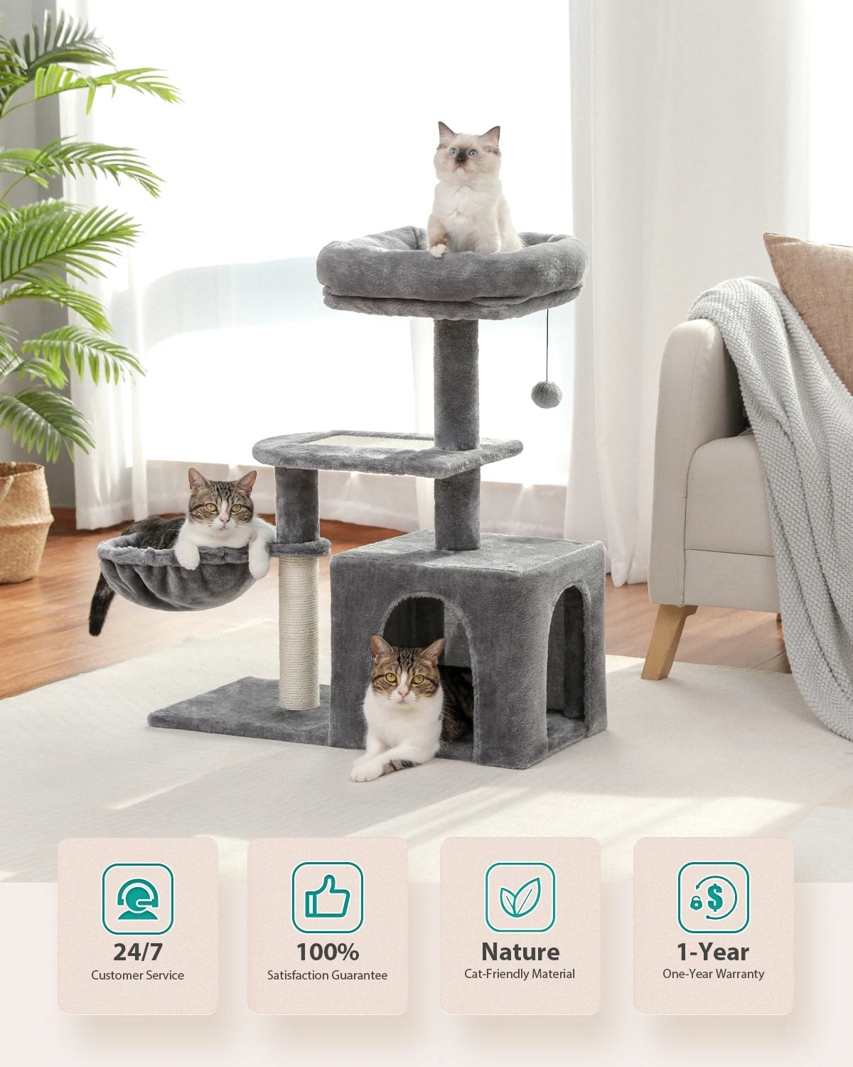 Árvore para gatos torre para gatos internos 2 estilos árvore de atividades para gatos com postes para arranhar gatos rede grande e poleiro superior removível cinza