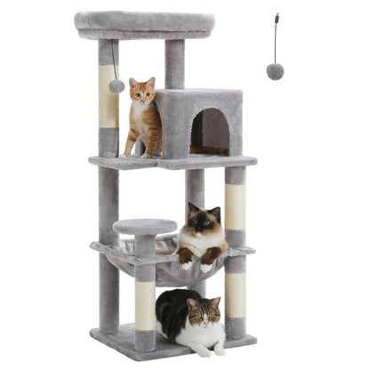Árvore de gato para gatos internos, torre de gato de 5 níveis para gatos grandes com estrutura de metal grande rede condomínio de gato com poleiro superior grande