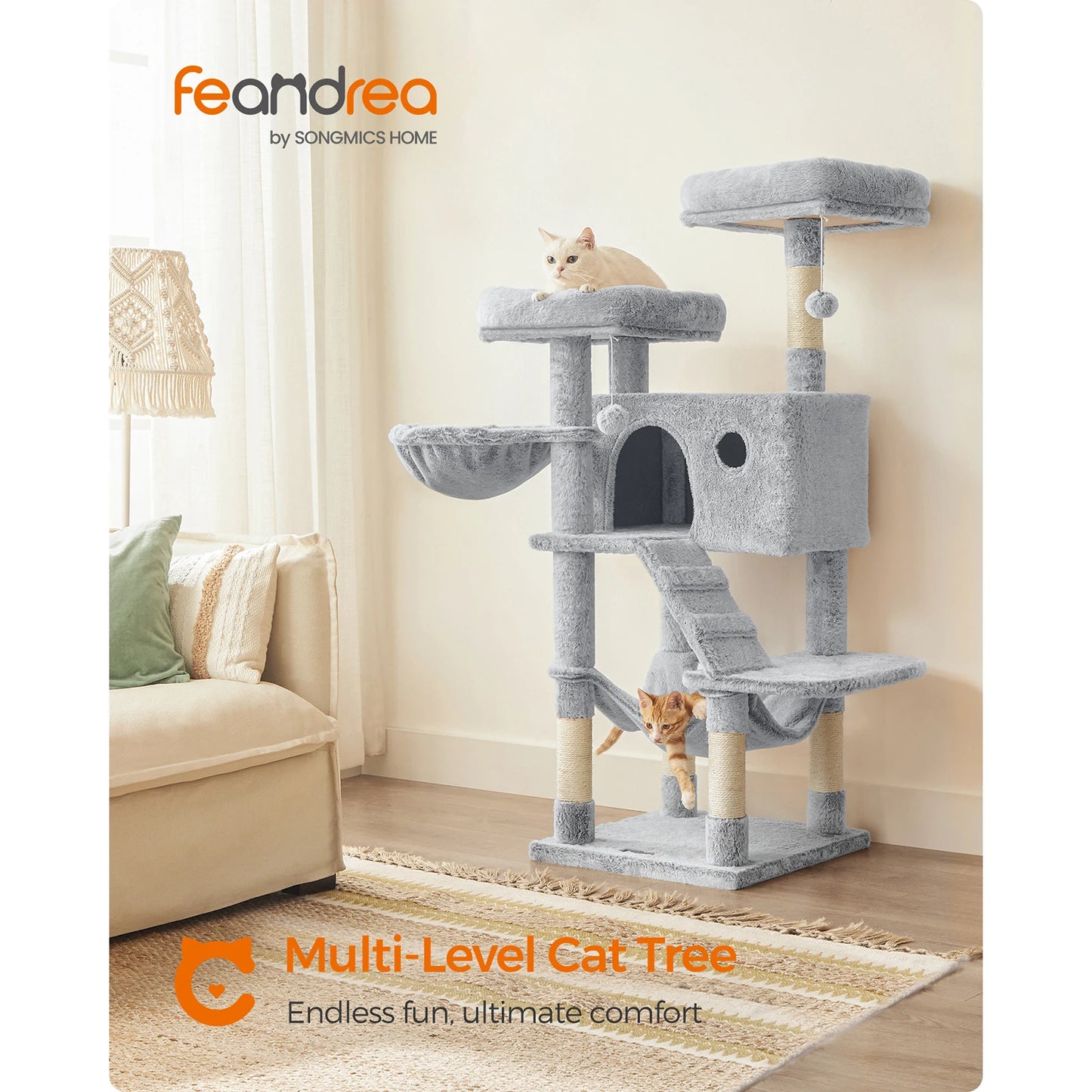 Feandrea Cat Tree, Cat Tower for Large Cats, Ultra-Soft, White-Grey